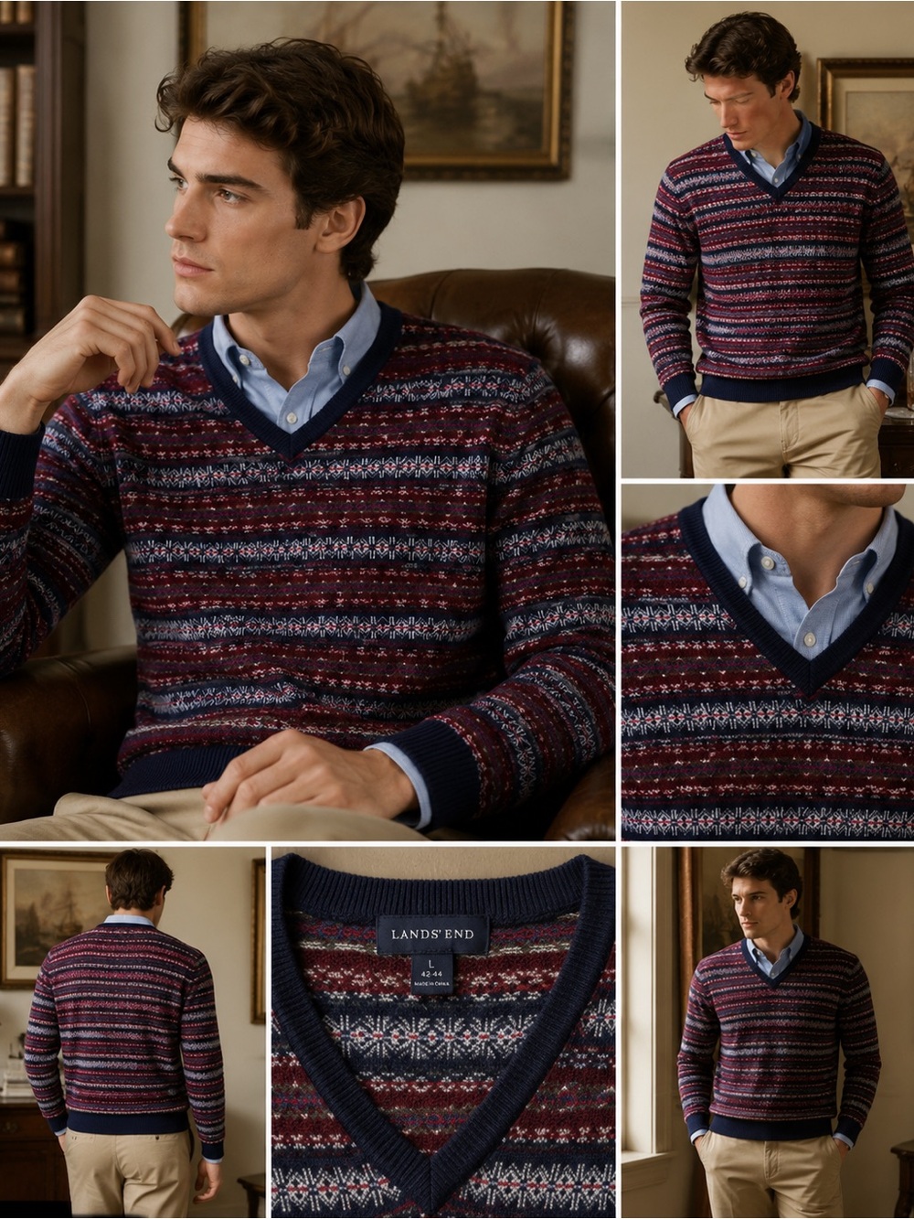 Lands’ End Men’s L 100% Cashmere Fair Isle Nordic V-Neck Sweater Old Money